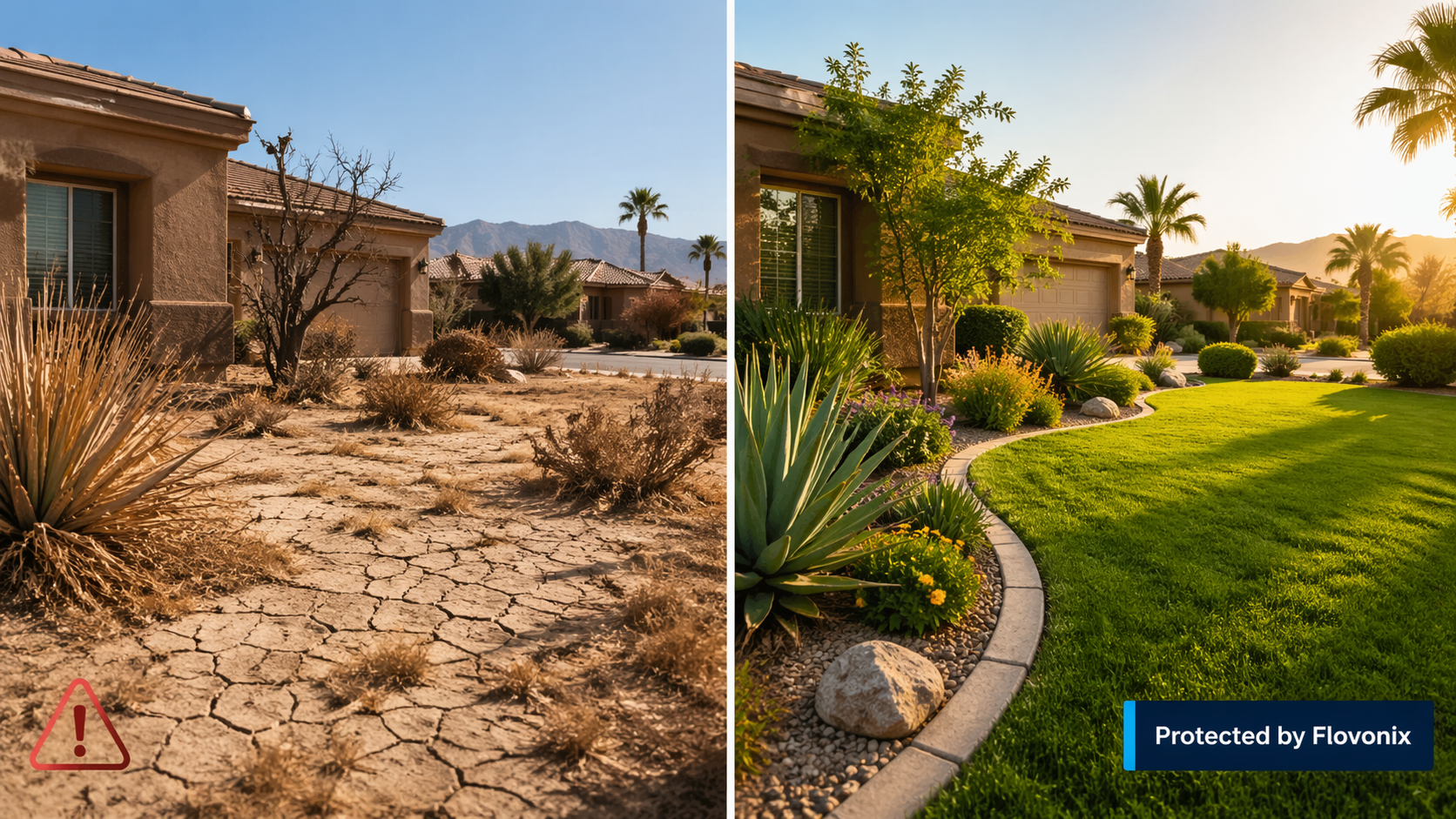 Before and after comparison — dead yard vs thriving yard protected by Flovonix